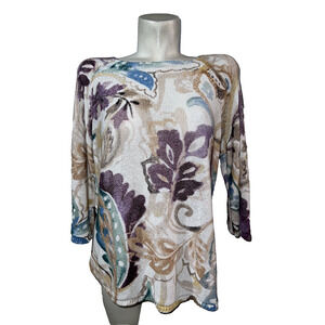 Chico's Sweater Women's Size XL (3) Colorful Floral Cotton Nylon Knit Pullover